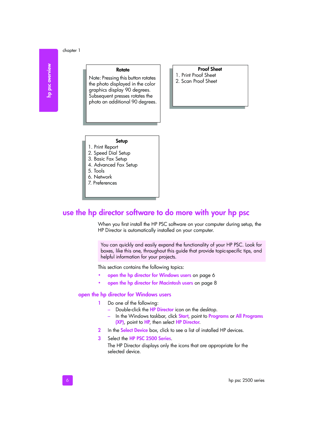 HP 2510xi manual Use the hp director software to do more with your hp psc, Open the hp director for Windows users, Rotate 