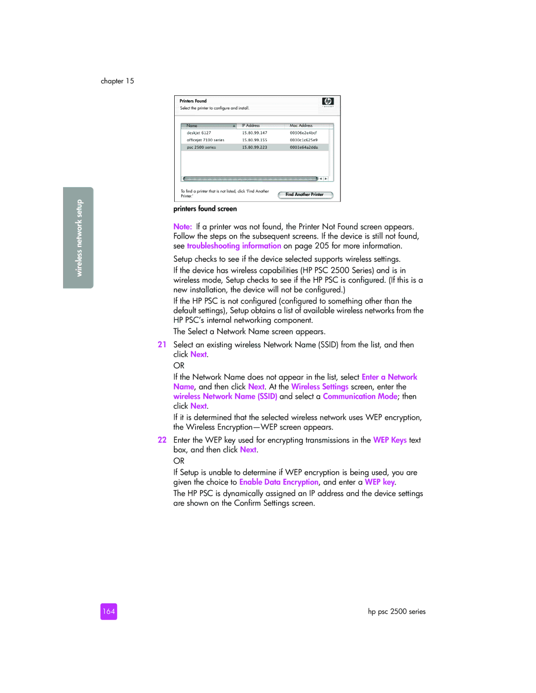 HP 2510xi manual Wireless network setup, 164 