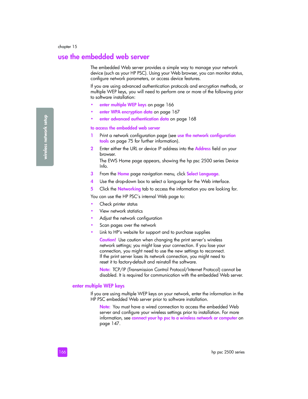 HP 2510xi manual Use the embedded web server, Enter multiple WEP keys, 166 