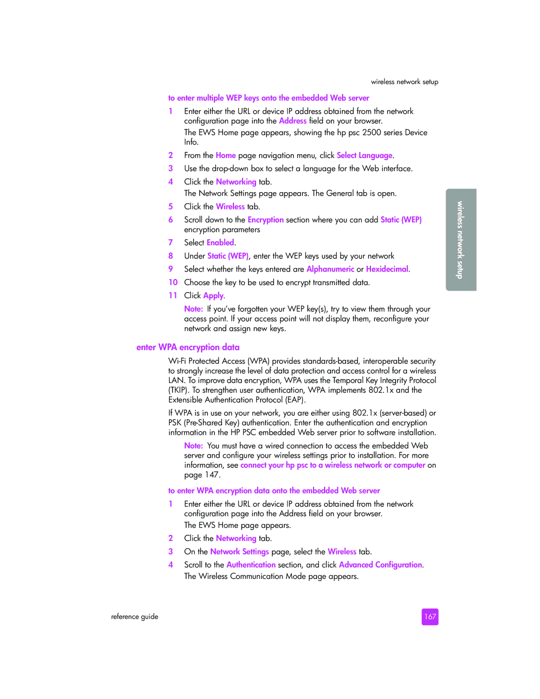 HP 2510xi manual Enter WPA encryption data, To enter multiple WEP keys onto the embedded Web server, 167 