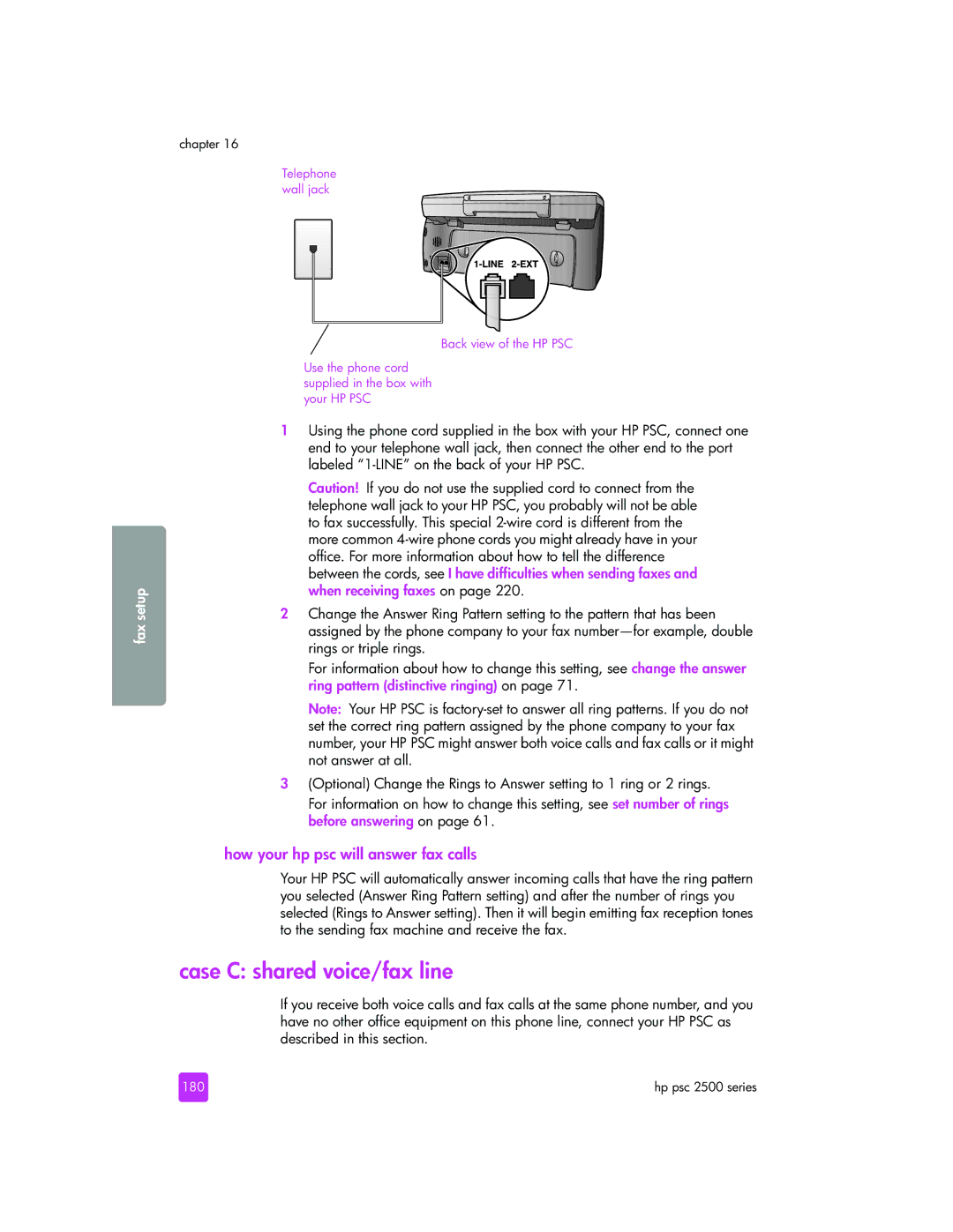 HP 2510xi manual Case C shared voice/fax line, 180 