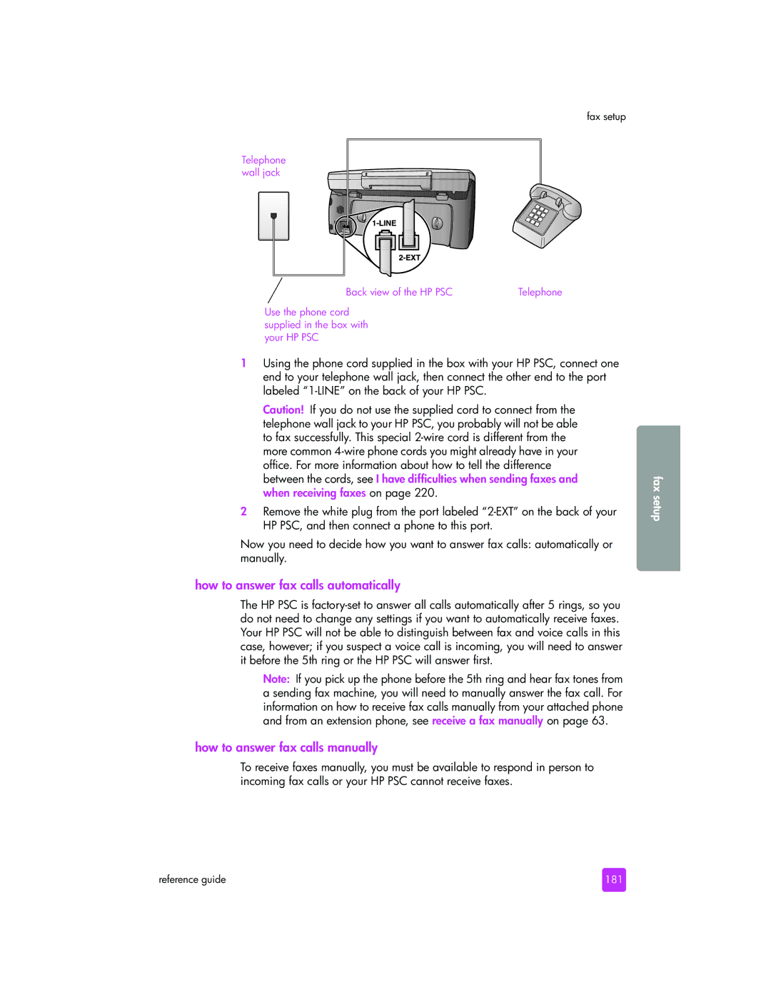 HP 2510xi How to answer fax calls automatically, How to answer fax calls manually, 181 