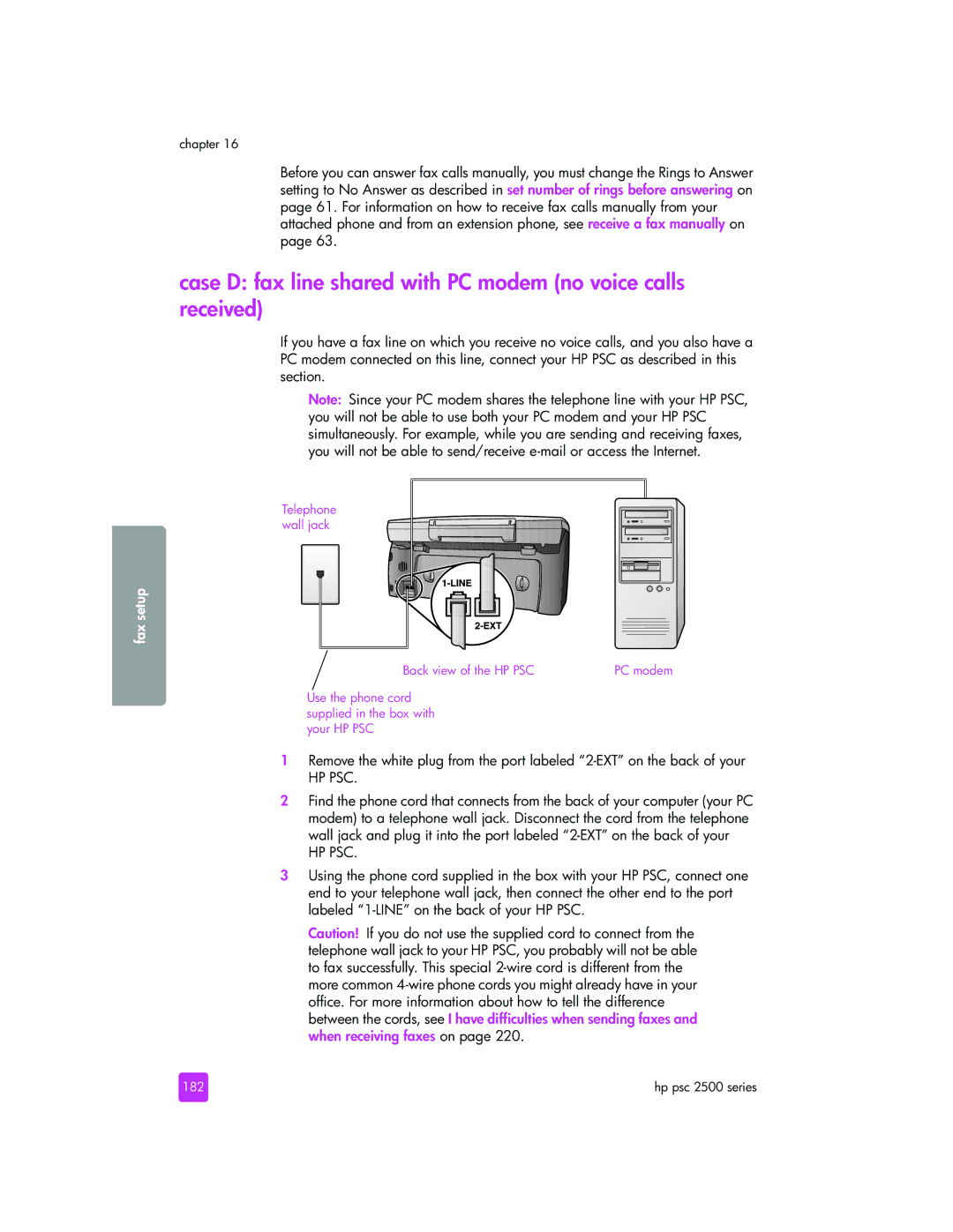 HP 2510xi manual Case D fax line shared with PC modem no voice calls received, 182 