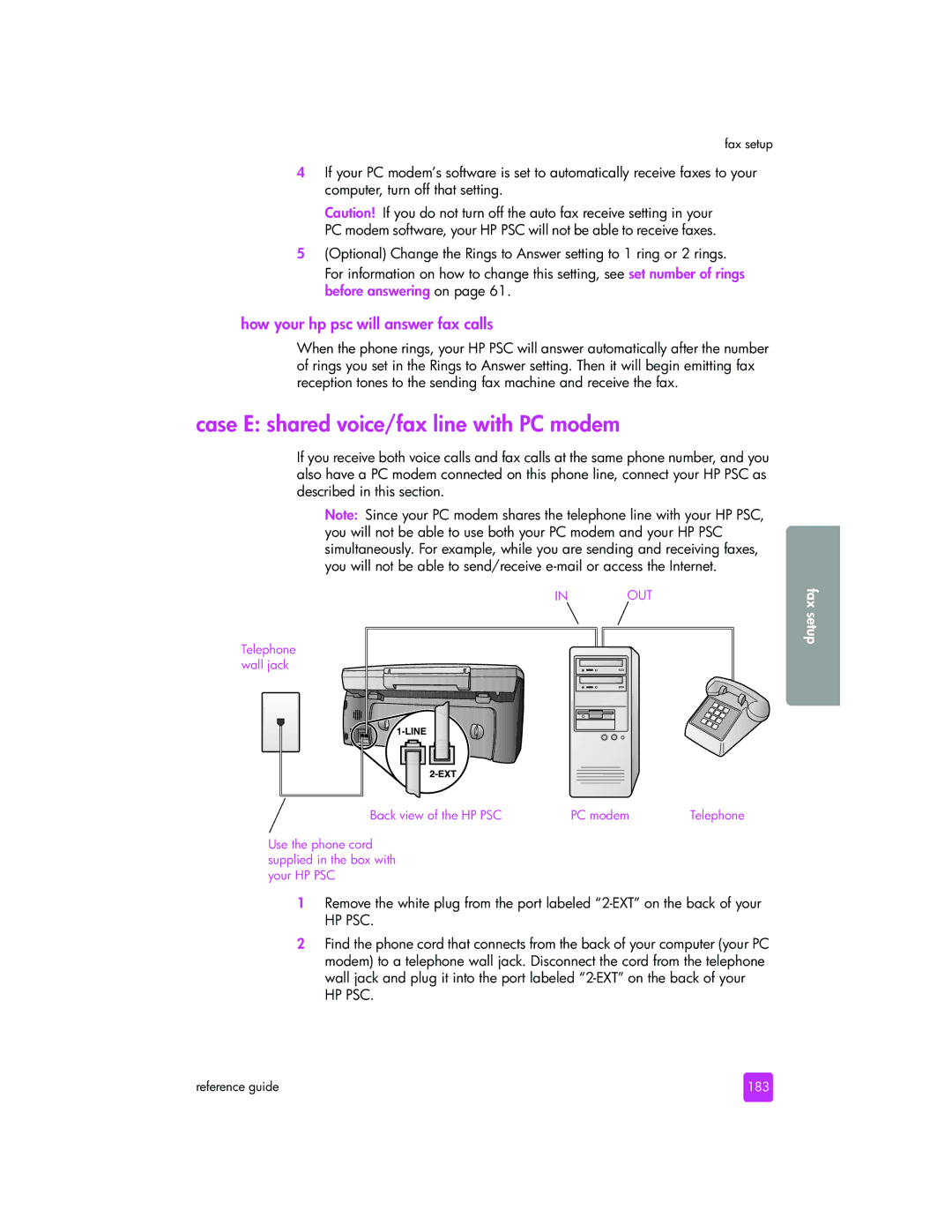 HP 2510xi manual Case E shared voice/fax line with PC modem, 183 