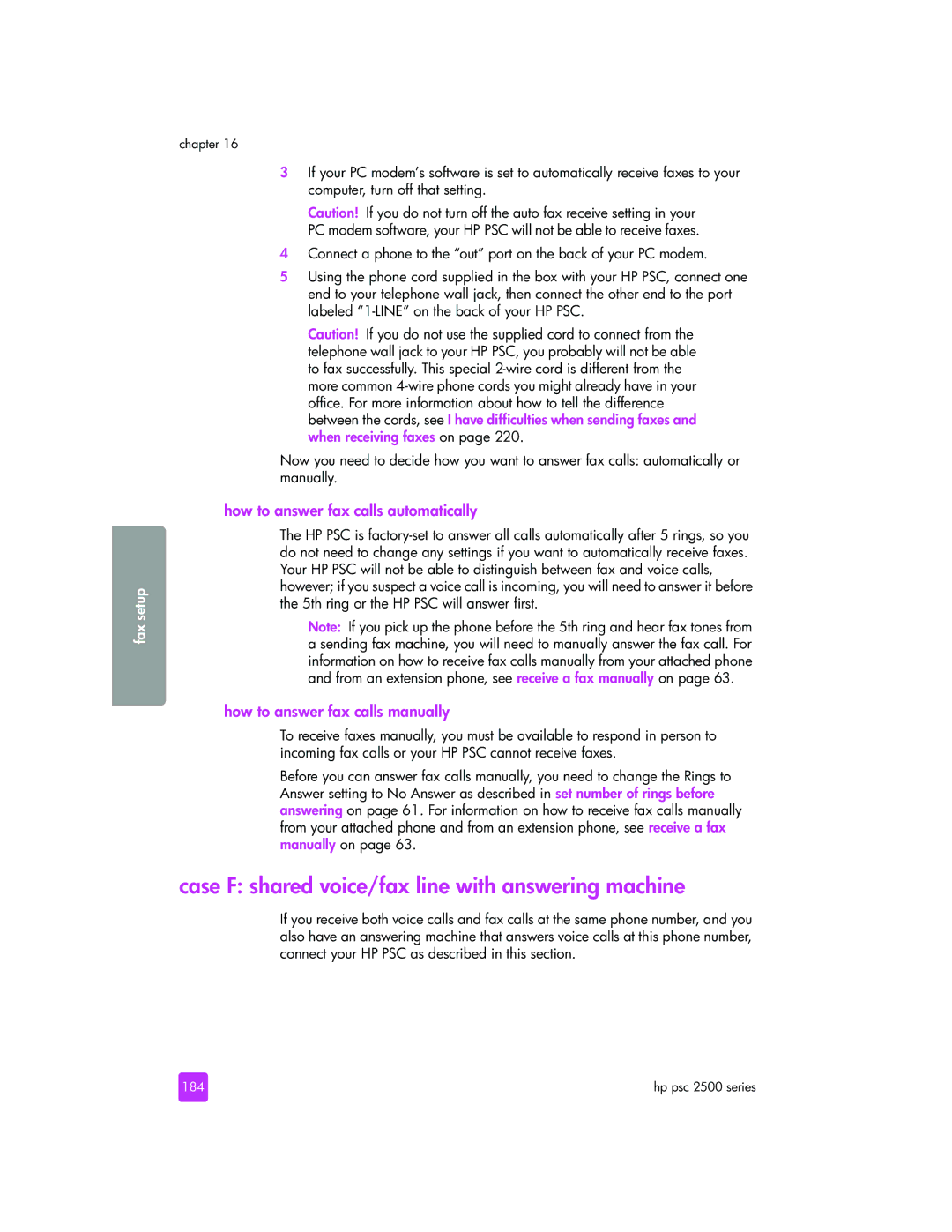 HP 2510xi manual Case F shared voice/fax line with answering machine, 184 