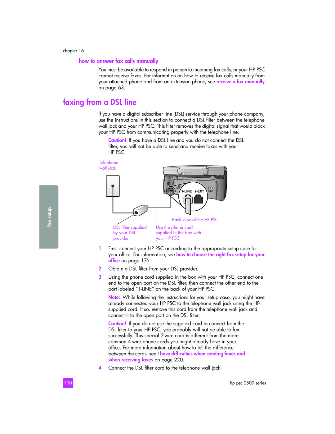 HP 2510xi manual Faxing from a DSL line, 190 