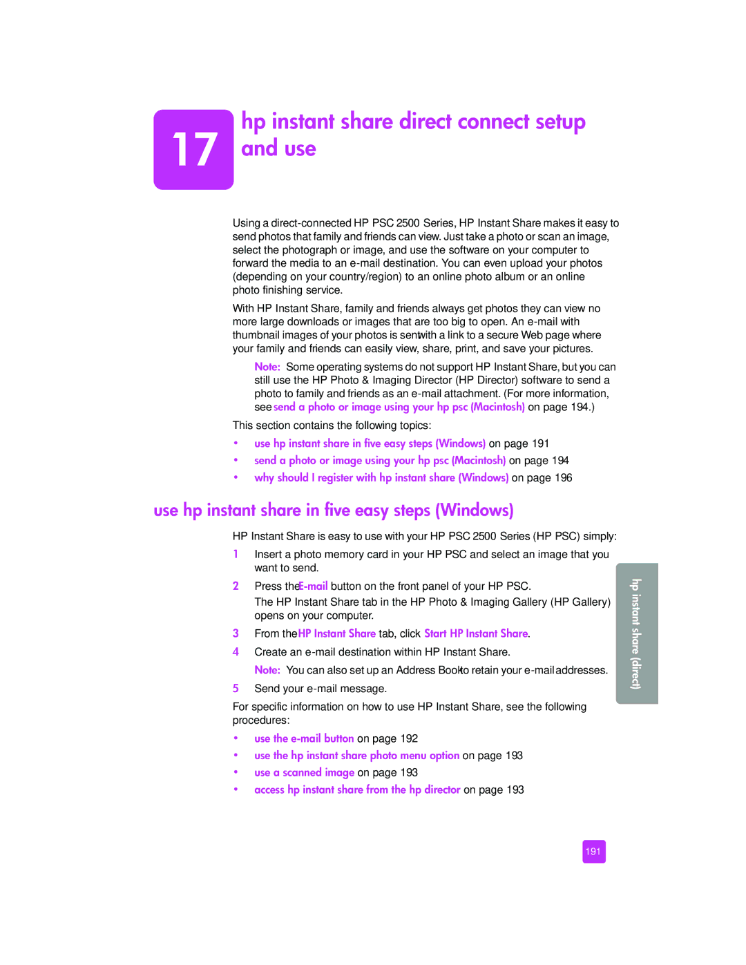 HP 2510xi manual Hp instant share direct connect setup Use, Use hp instant share in five easy steps Windows, 191 