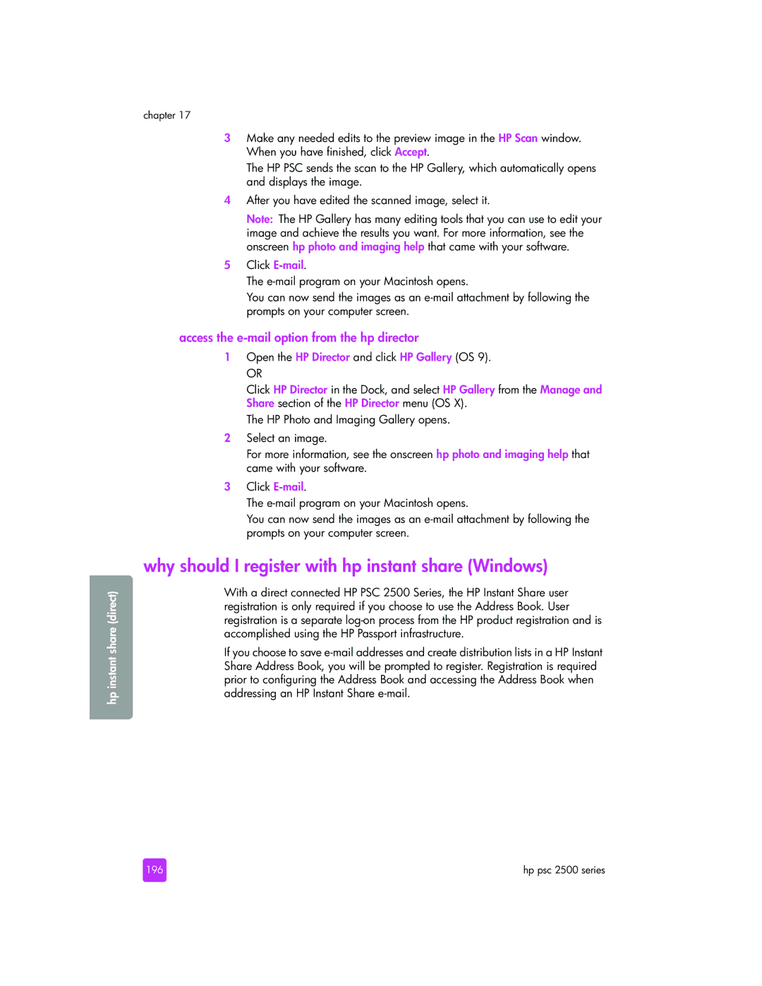 HP 2510xi manual Why should I register with hp instant share Windows, Access the e-mail option from the hp director, 196 
