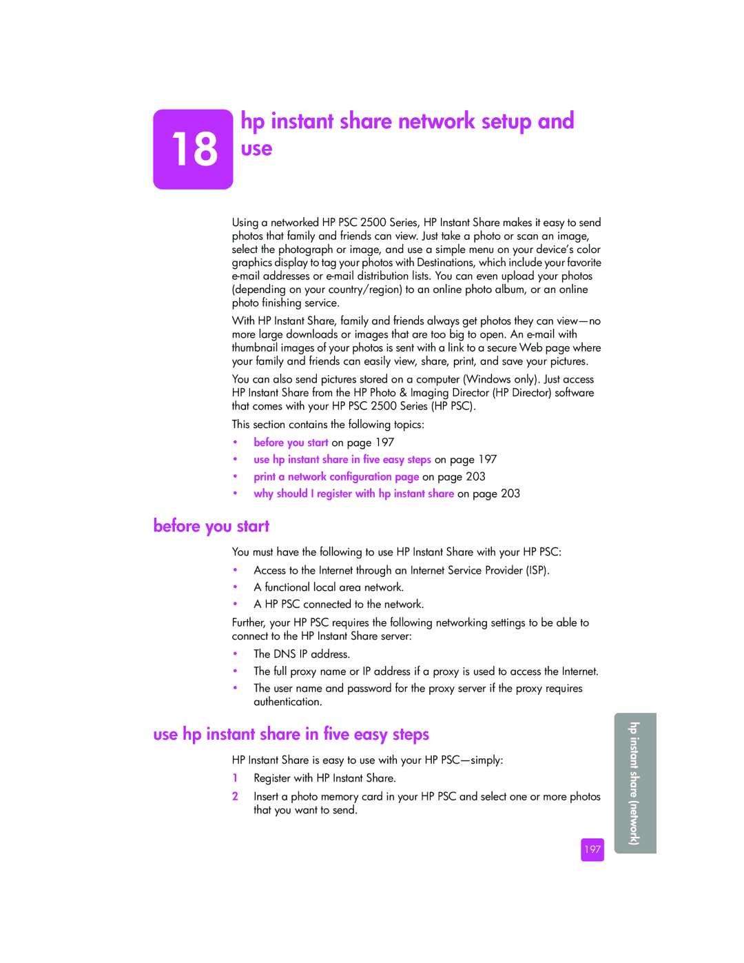 HP 2510xi manual Hp instant share network setup, Before you start, Use hp instant share in five easy steps, 197 