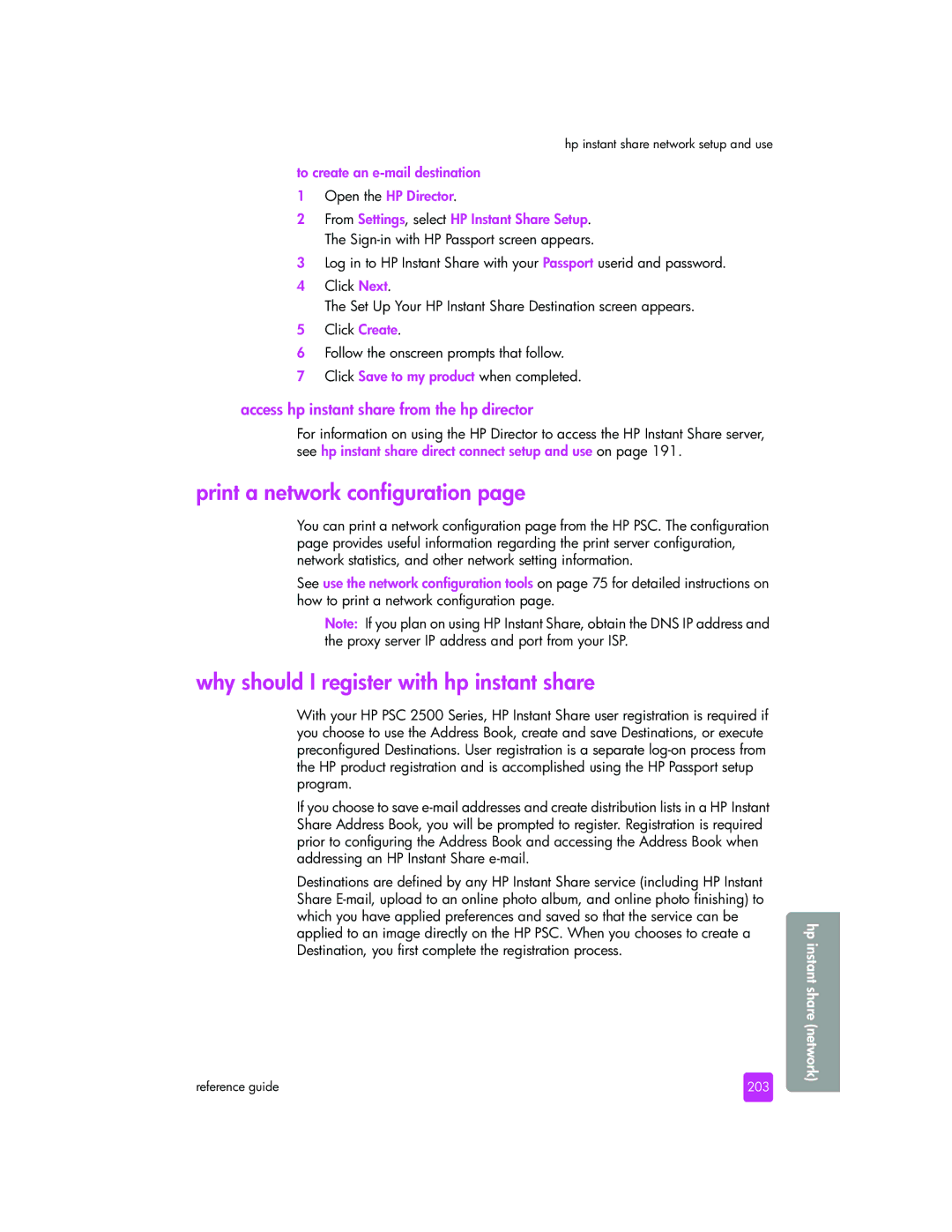 HP 2510xi manual Print a network configuration, Why should I register with hp instant share, 203 