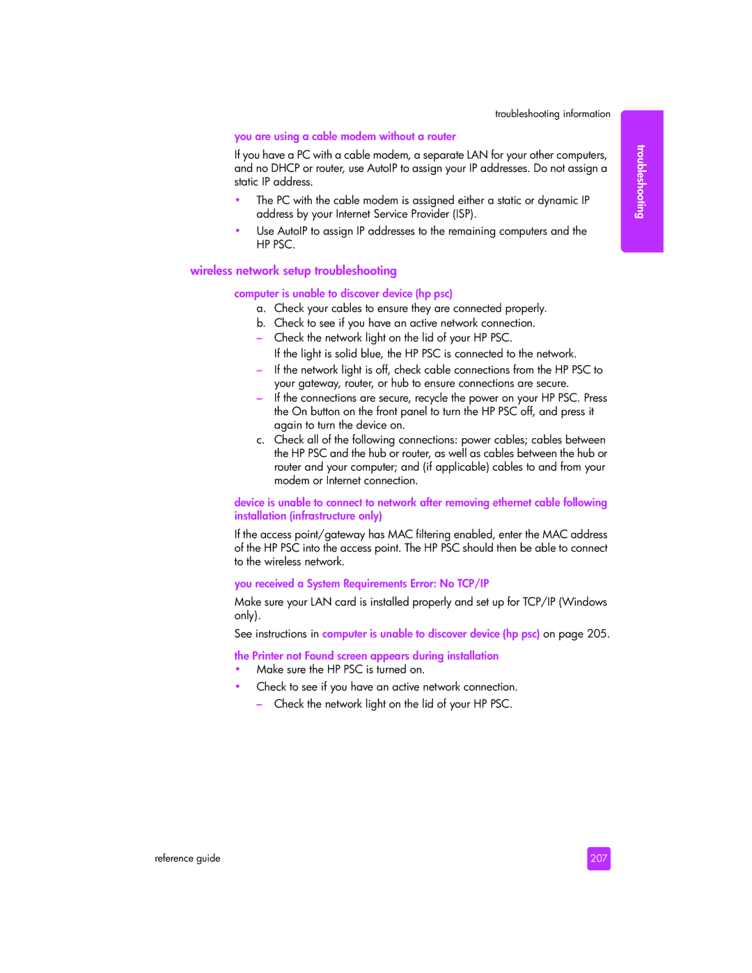 HP 2510xi manual Wireless network setup troubleshooting, You are using a cable modem without a router, 207 