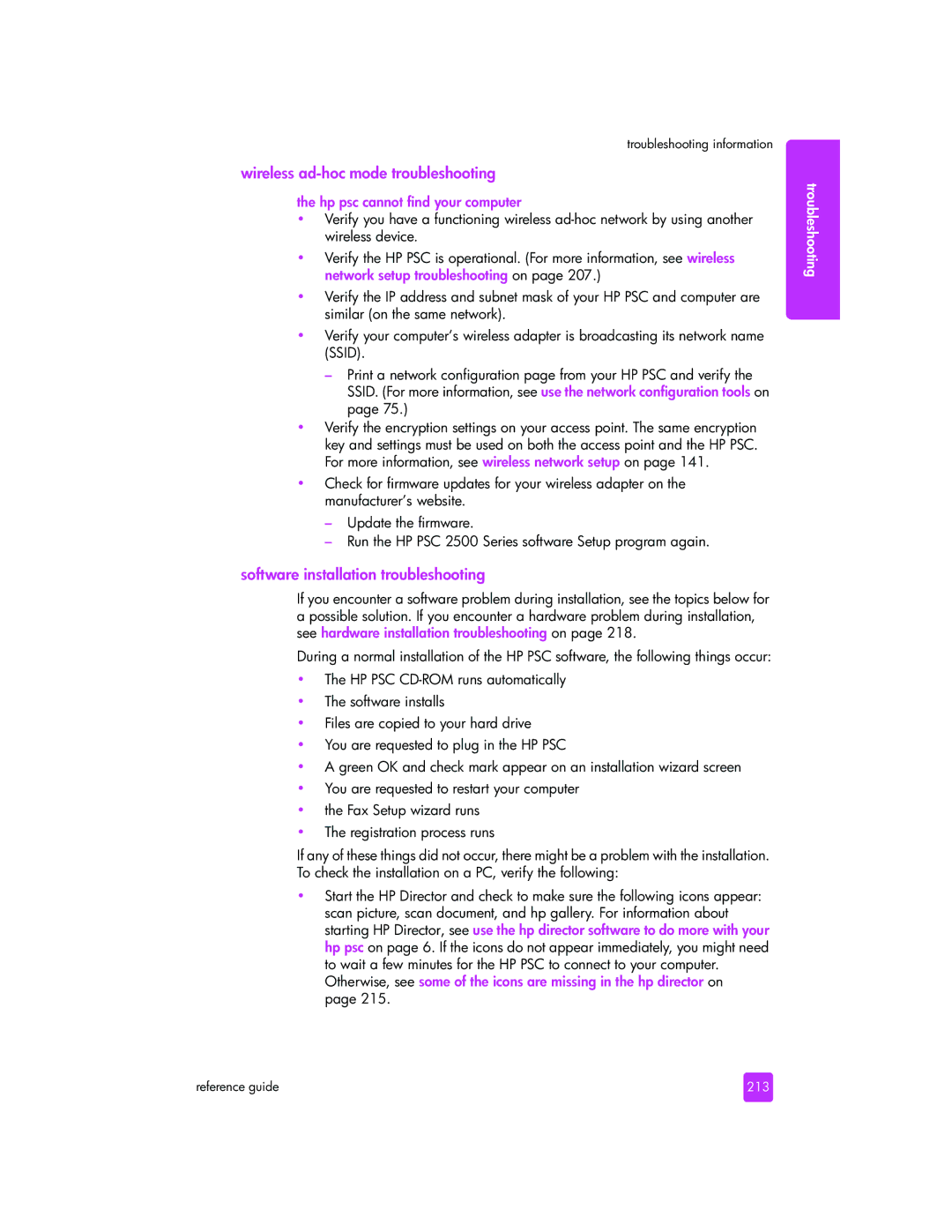 HP 2510xi manual Wireless ad-hoc mode troubleshooting, Software installation troubleshooting, 213 