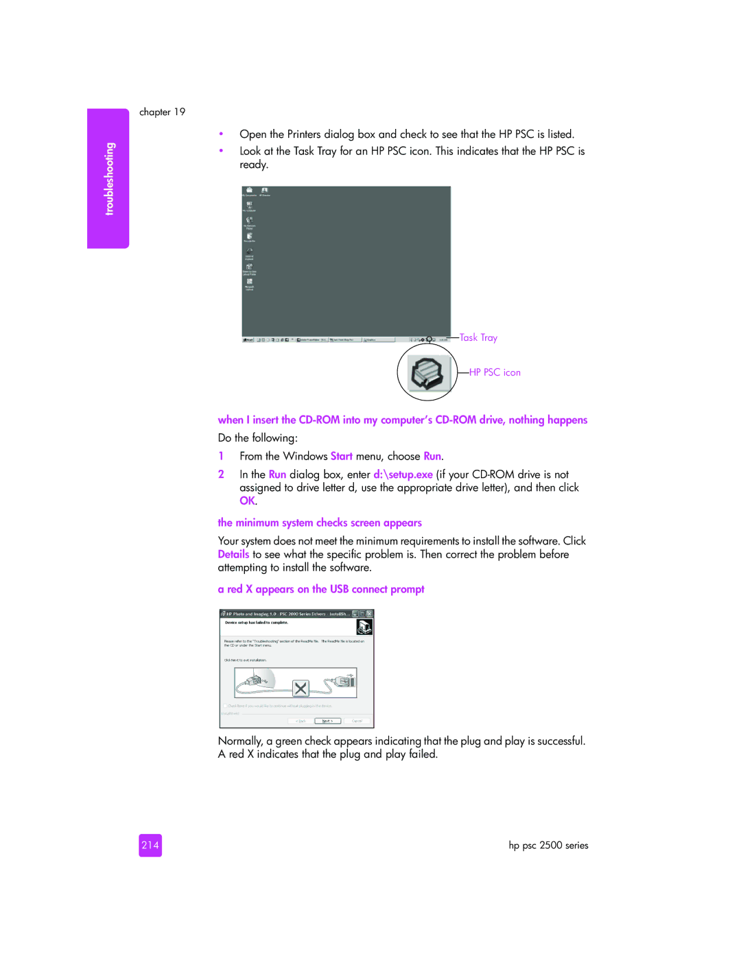 HP 2510xi manual Minimum system checks screen appears, Red X appears on the USB connect prompt, 214 