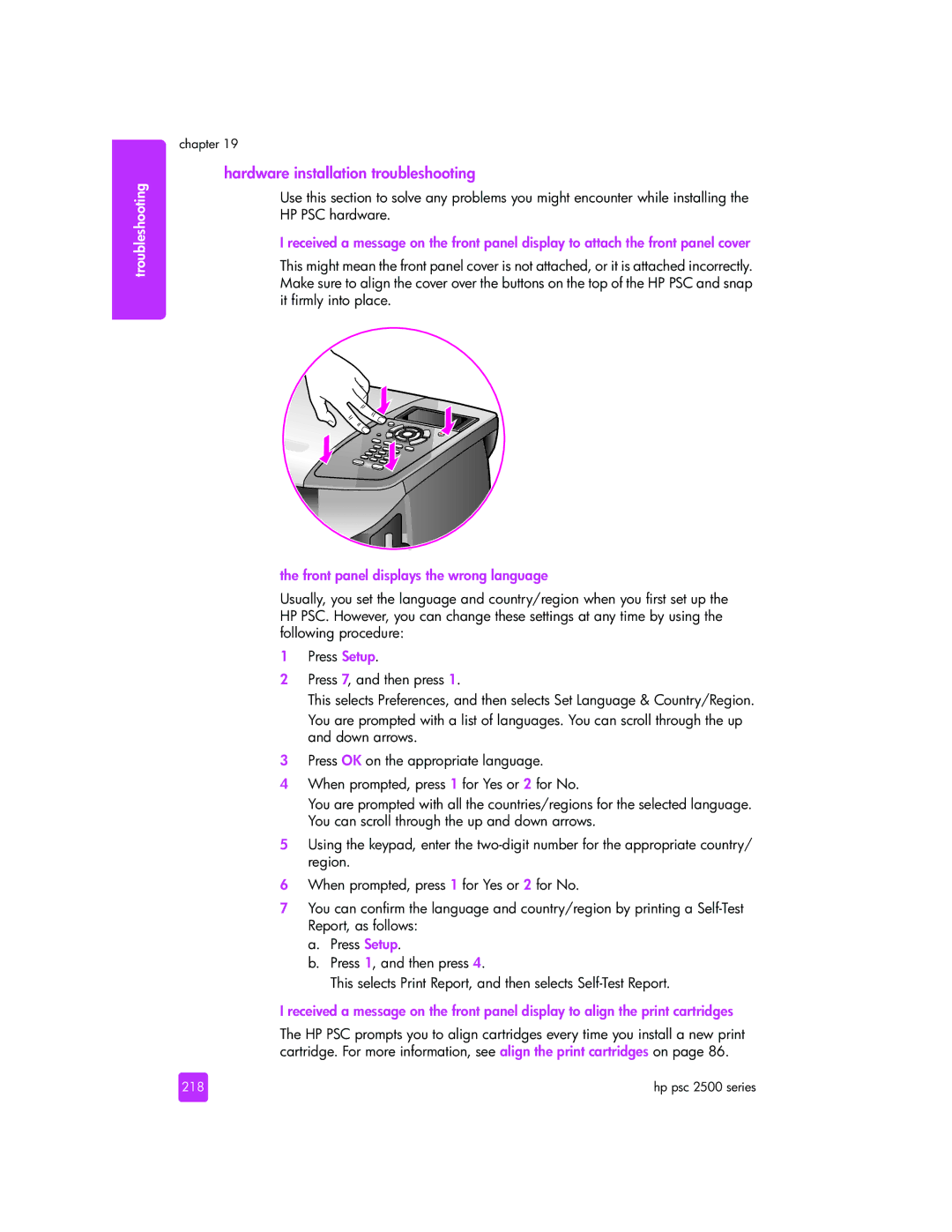 HP 2510xi manual Hardware installation troubleshooting, Front panel displays the wrong language, 218 