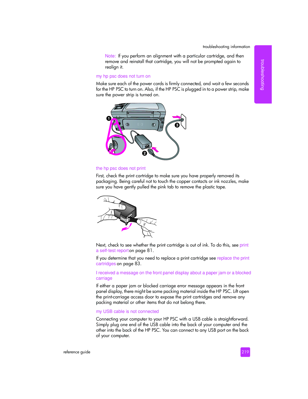 HP 2510xi manual My hp psc does not turn on, Hp psc does not print, My USB cable is not connected, 219 