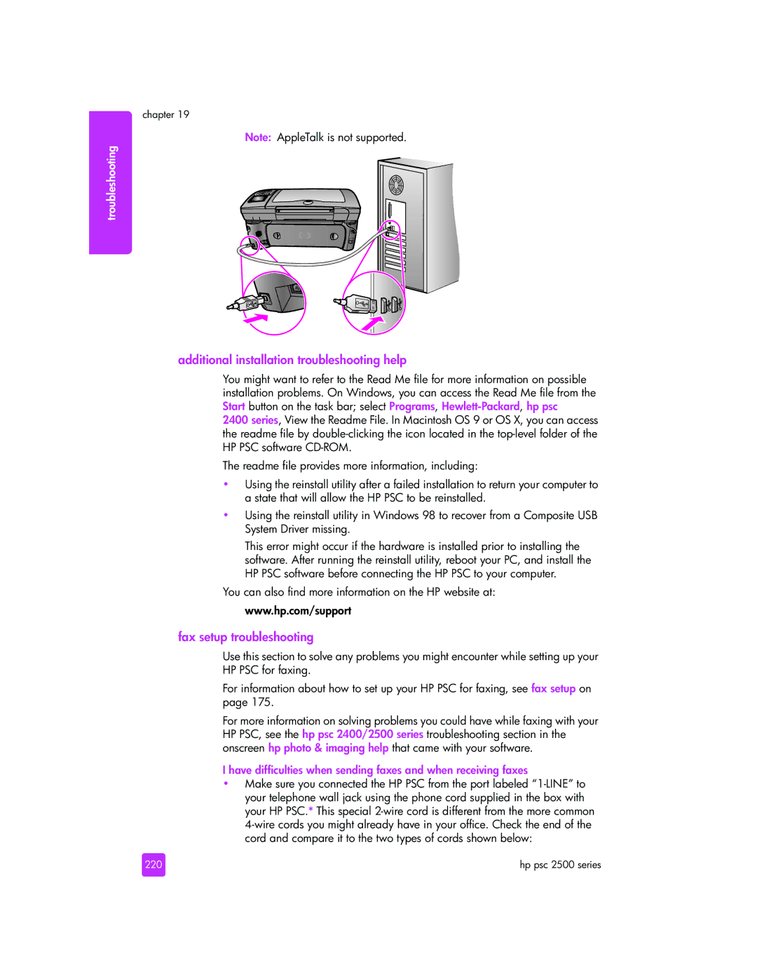 HP 2510xi manual Additional installation troubleshooting help, Fax setup troubleshooting, Troubleshooting, 220 