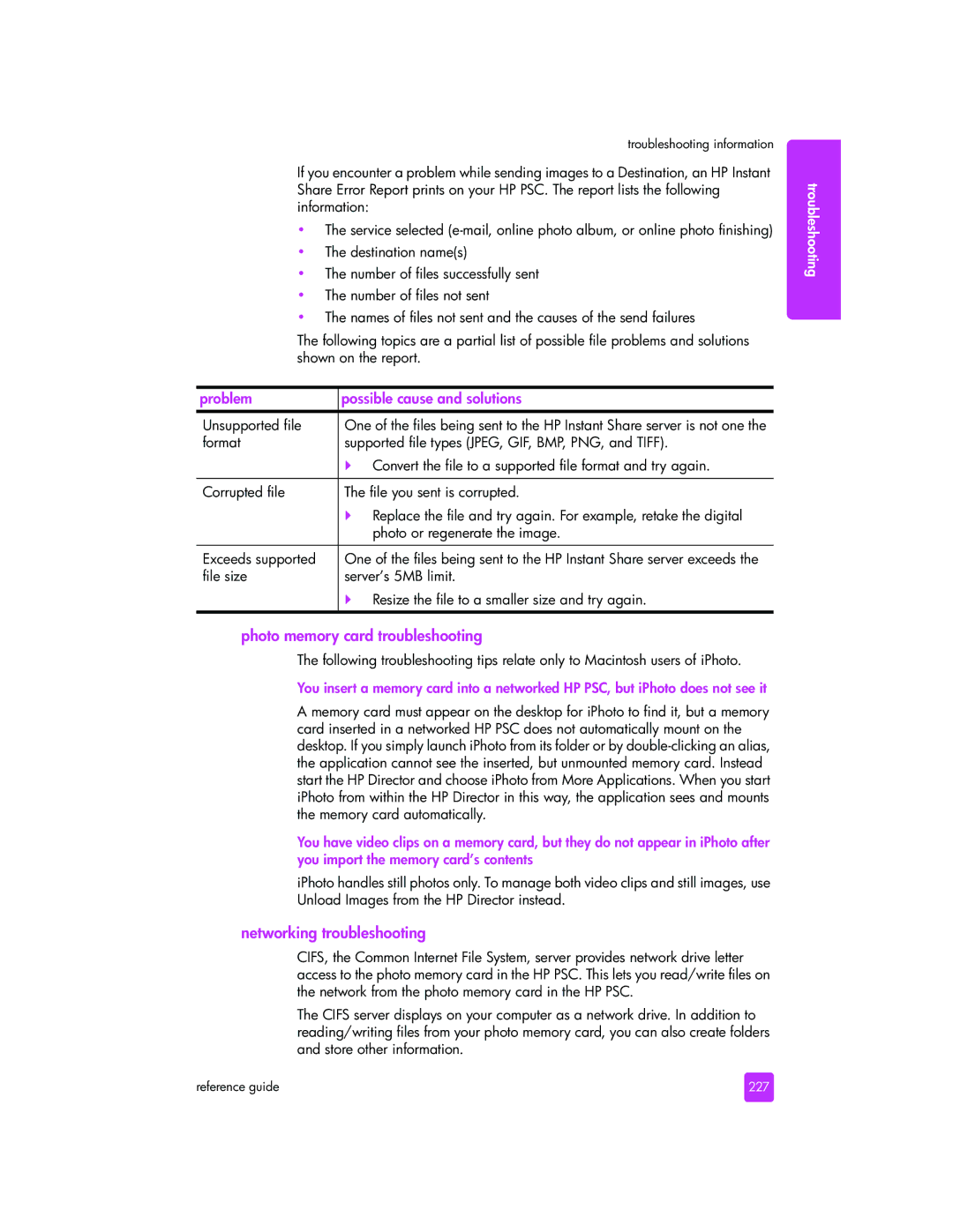 HP 2510xi manual Problem Possible cause and solutions, Photo memory card troubleshooting, Networking troubleshooting, 227 