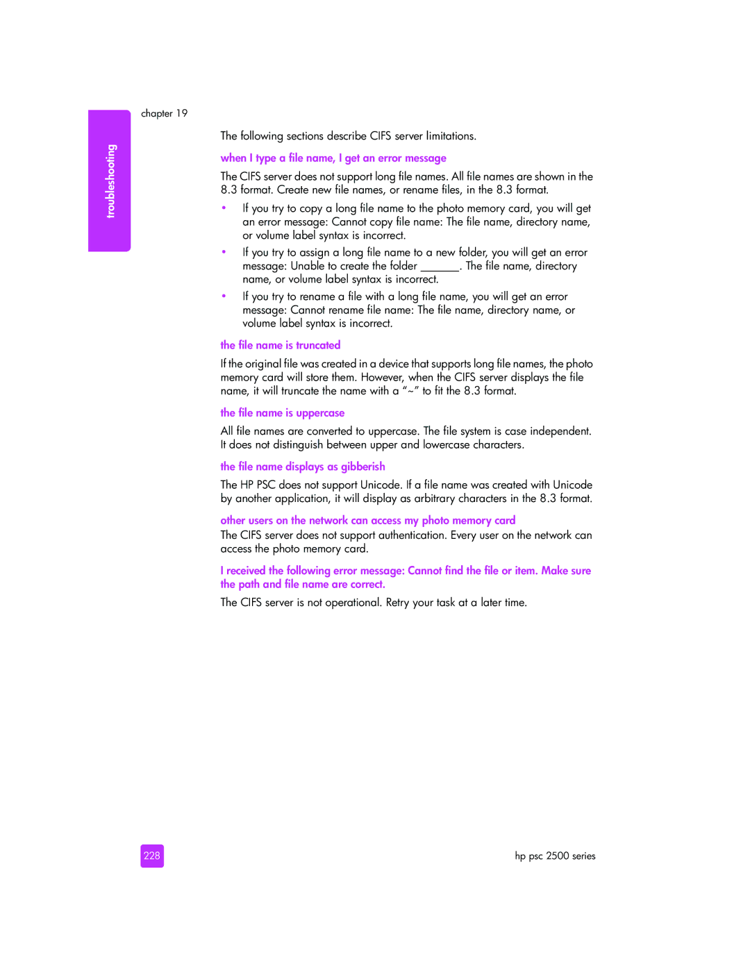 HP 2510xi manual When I type a file name, I get an error message, File name is truncated, File name is uppercase 