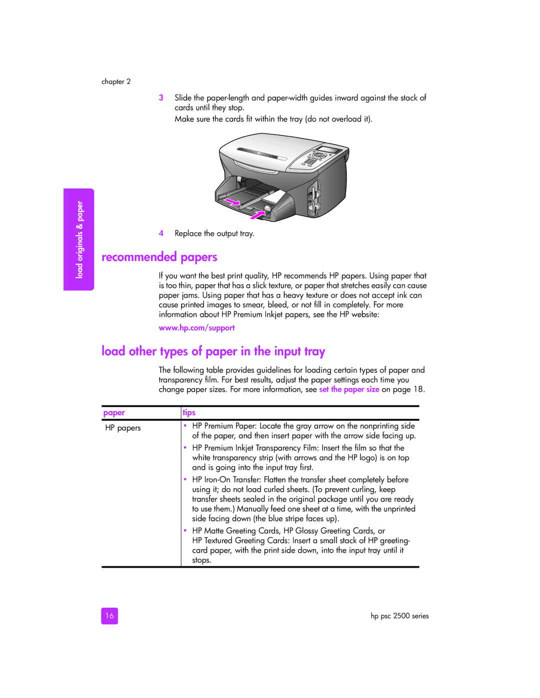 HP 2510xi manual Recommended papers, Load other types of paper in the input tray, Paper Tips 