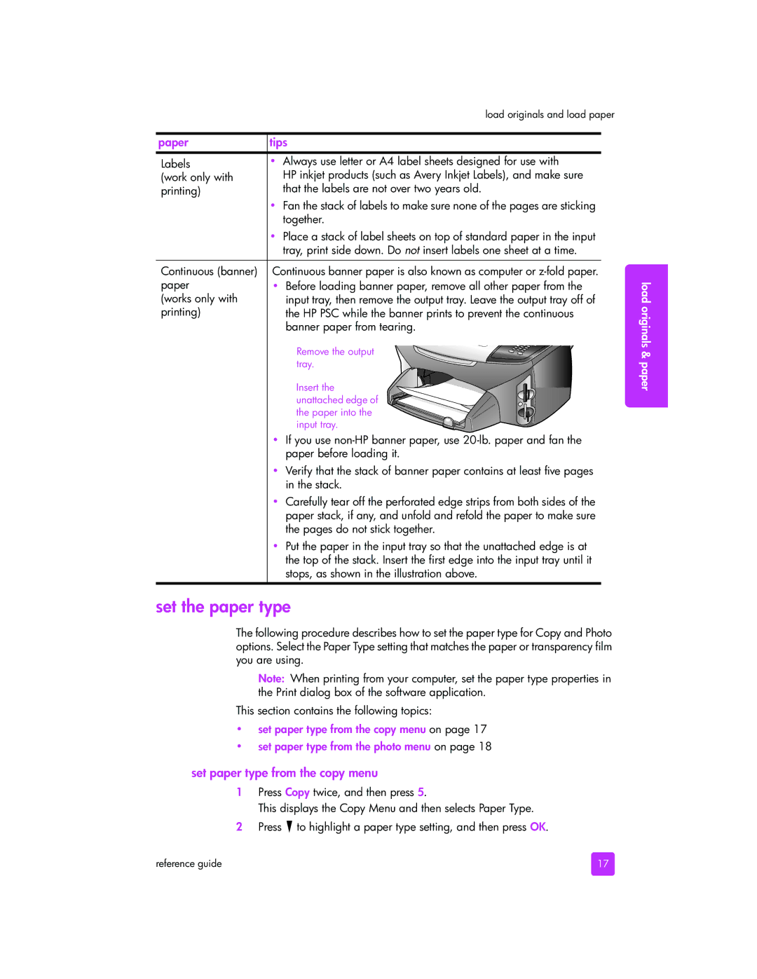 HP 2510xi manual Set the paper type, Set paper type from the copy menu, Together, Continuous banner 