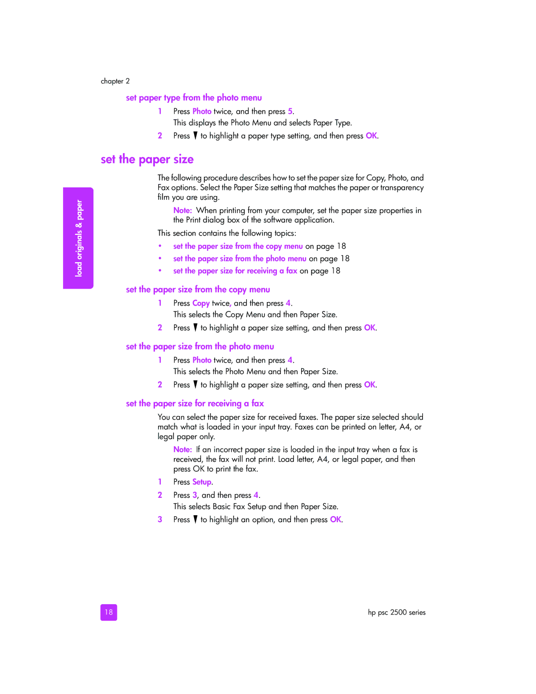 HP 2510xi manual Set paper type from the photo menu, Set the paper size from the copy menu 