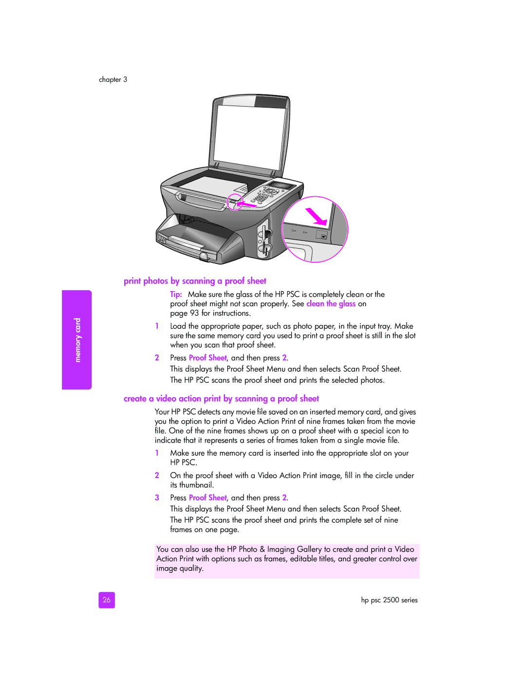 HP 2510xi manual Print photos by scanning a proof sheet, Create a video action print by scanning a proof sheet 