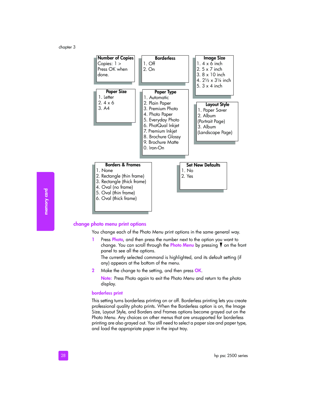 HP 2510xi manual Change photo menu print options, Borderless print 