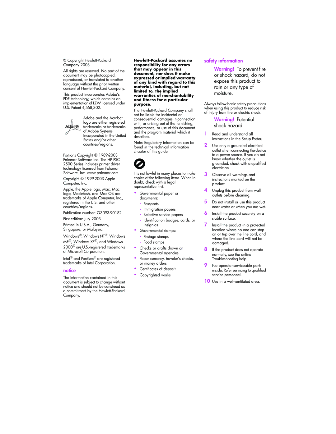 HP 2510xi manual Safety information 