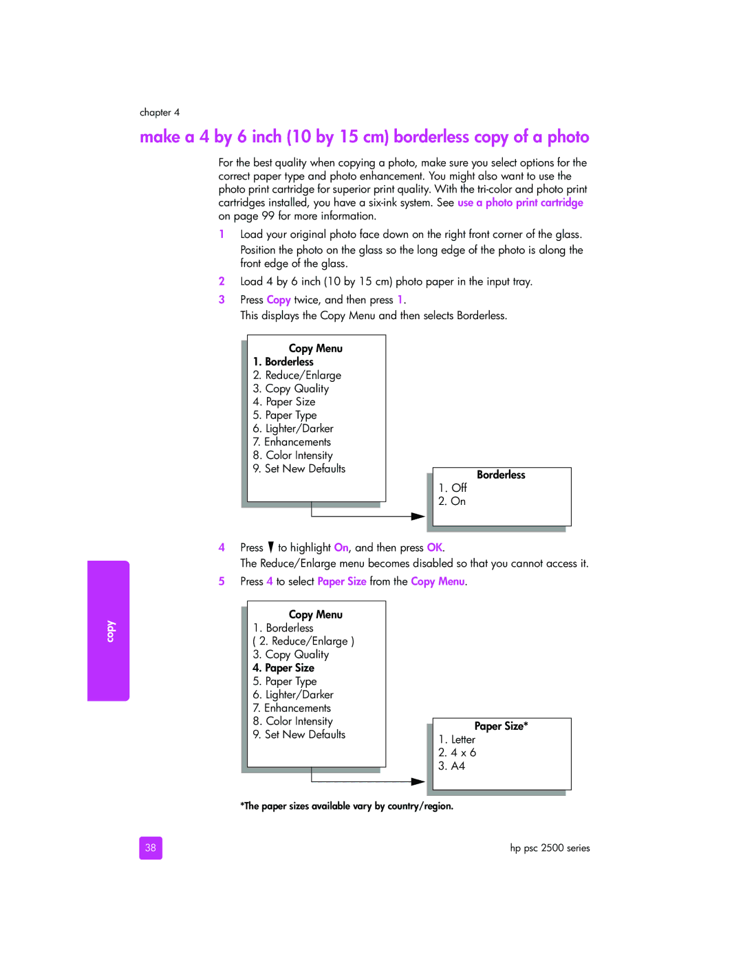 HP 2510xi manual Make a 4 by 6 inch 10 by 15 cm borderless copy of a photo, Off 