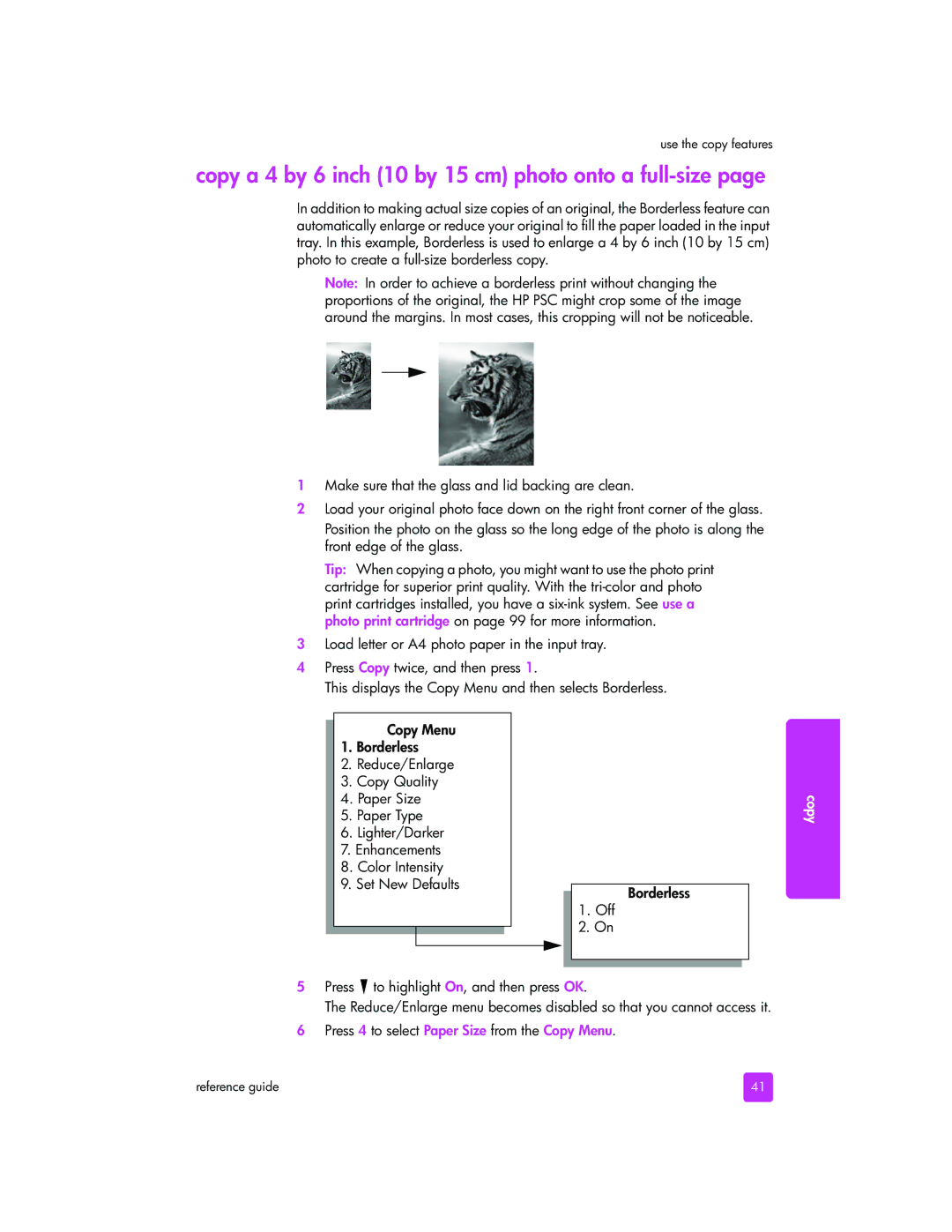 HP 2510xi manual Copy a 4 by 6 inch 10 by 15 cm photo onto a full-size, Off 