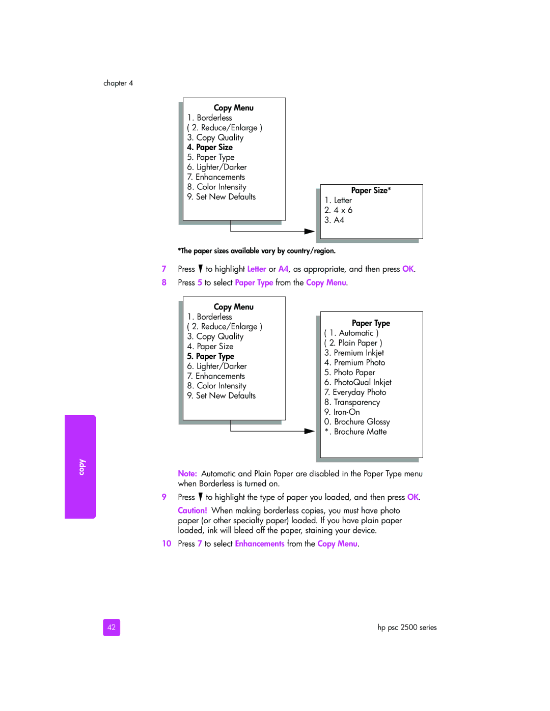 HP 2510xi manual Paper sizes available vary by country/region 