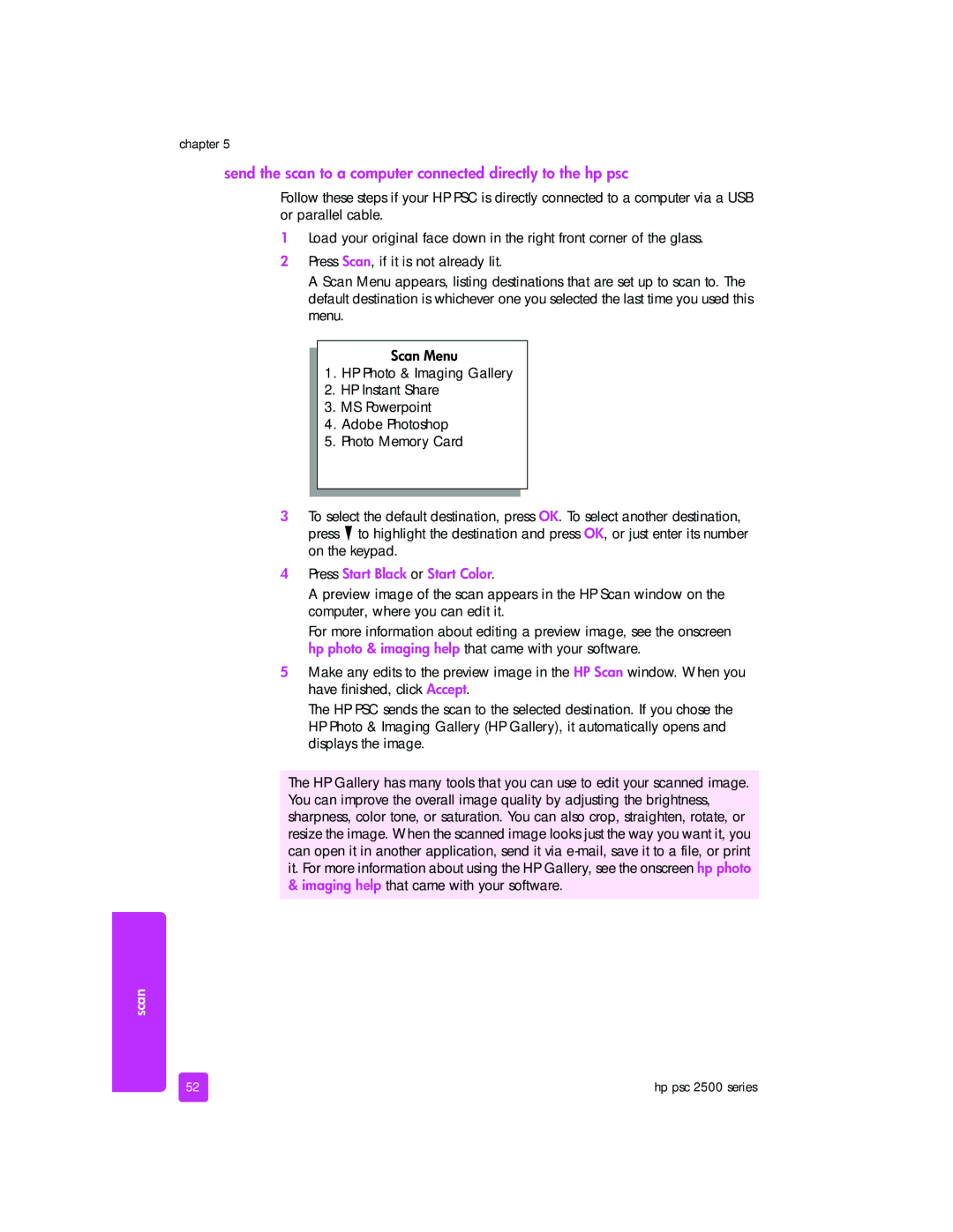 HP 2510xi manual Send the scan to a computer connected directly to the hp psc, Imaging help that came with your software 