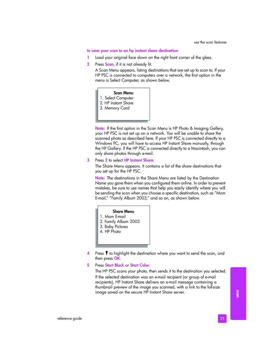 HP 2510xi manual To save your scan to an hp instant share destination, Press 2 to select HP Instant Share 