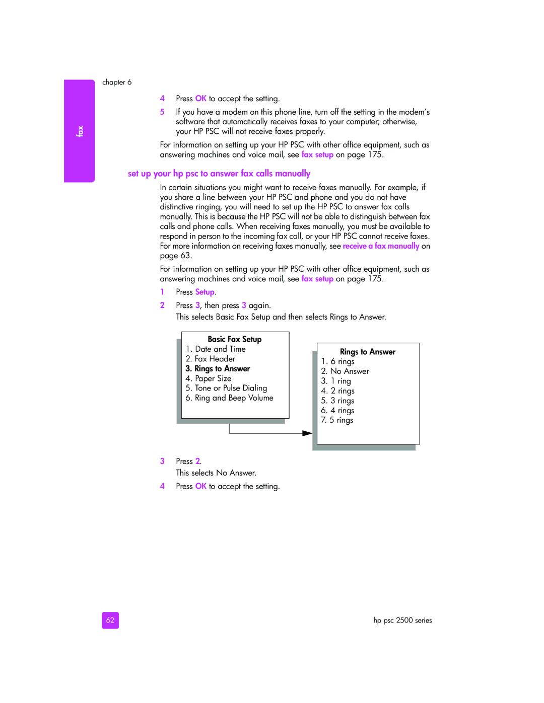 HP 2510xi Set up your hp psc to answer fax calls manually 