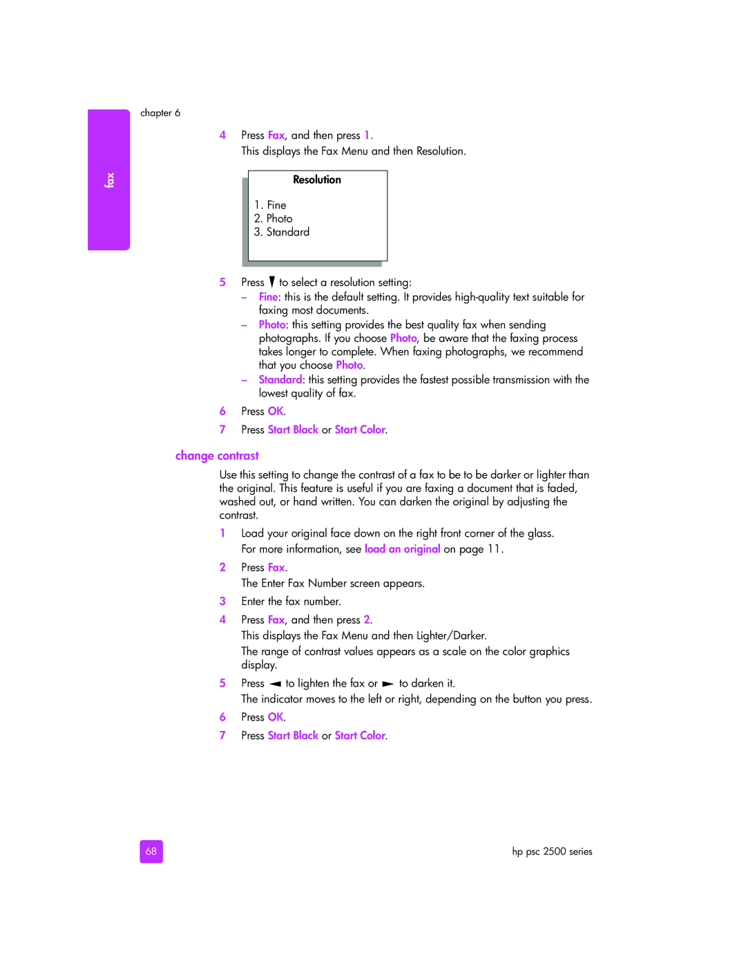 HP 2510xi manual Change contrast, Press Start Black or Start Color 