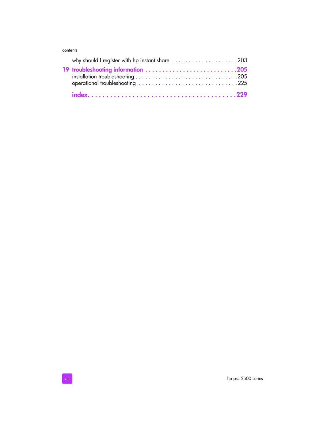 HP 2510xi manual Troubleshooting information, Viii 