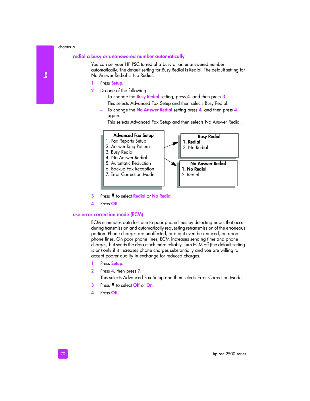 HP 2510xi manual Redial a busy or unanswered number automatically, Use error correction mode ECM 