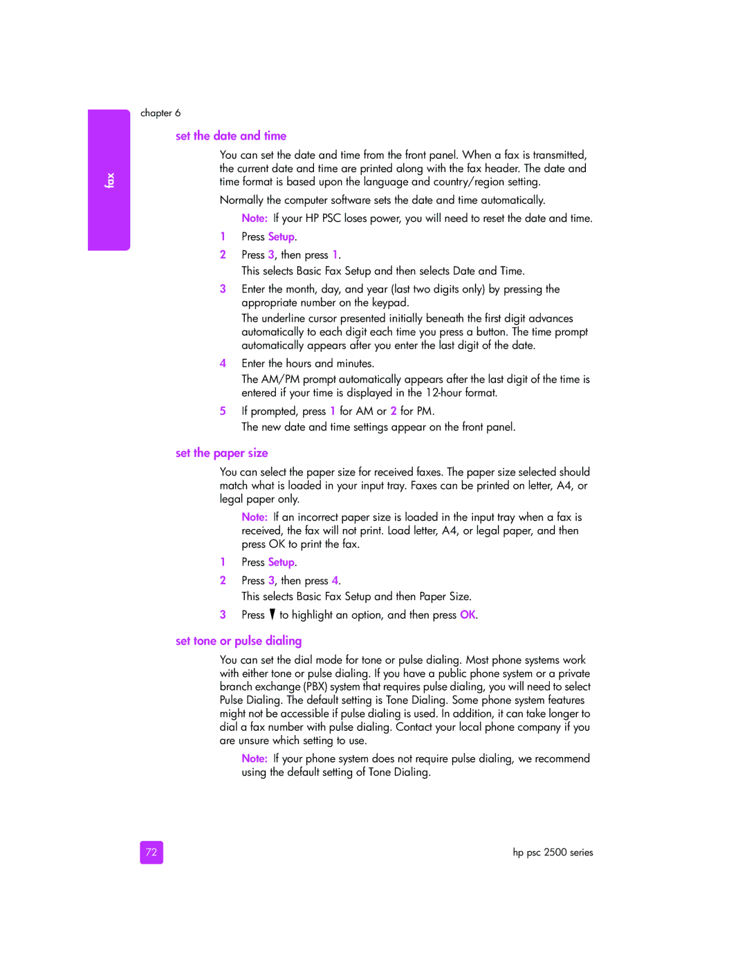 HP 2510xi manual Set the date and time, Set the paper size, Set tone or pulse dialing 