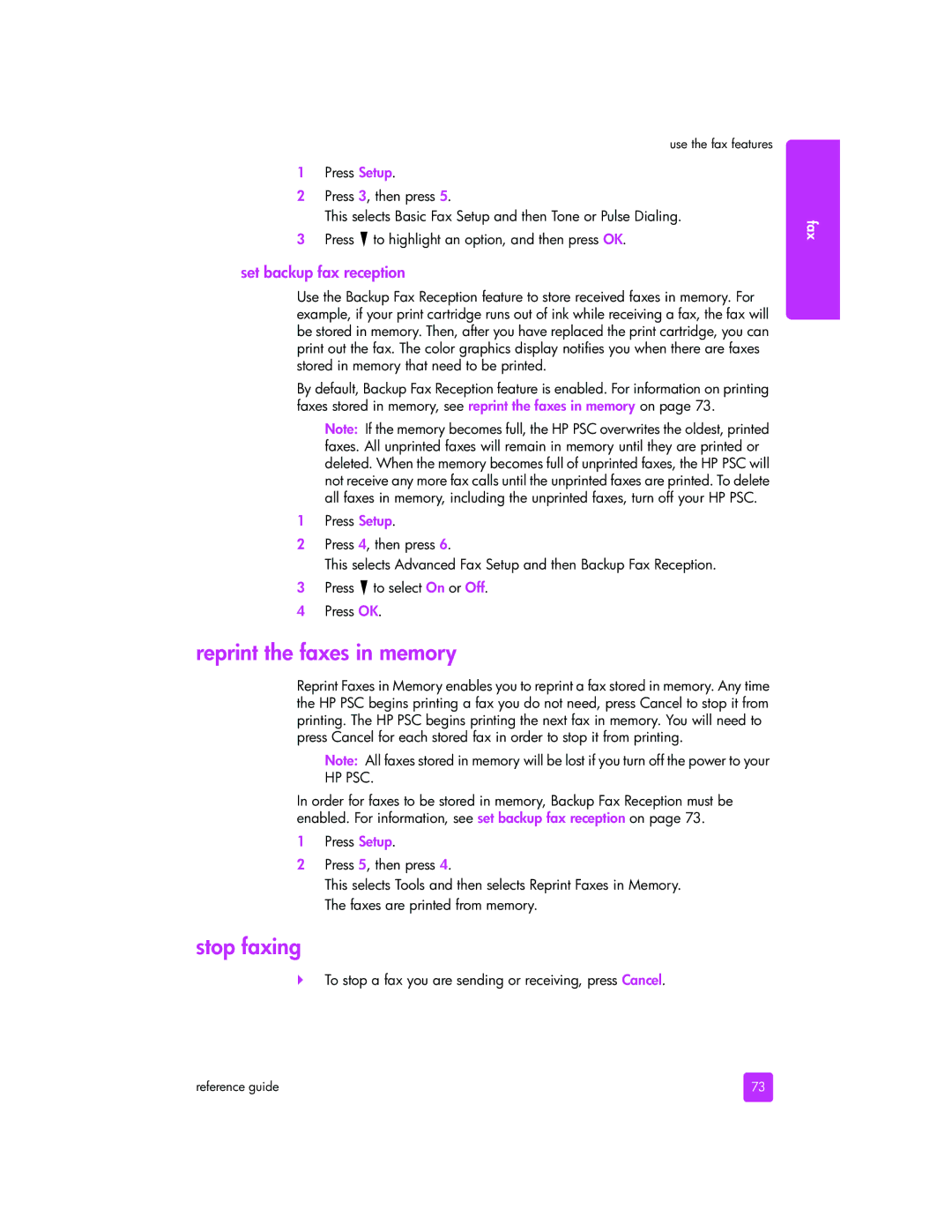 HP 2510xi manual Reprint the faxes in memory, Stop faxing, Set backup fax reception 