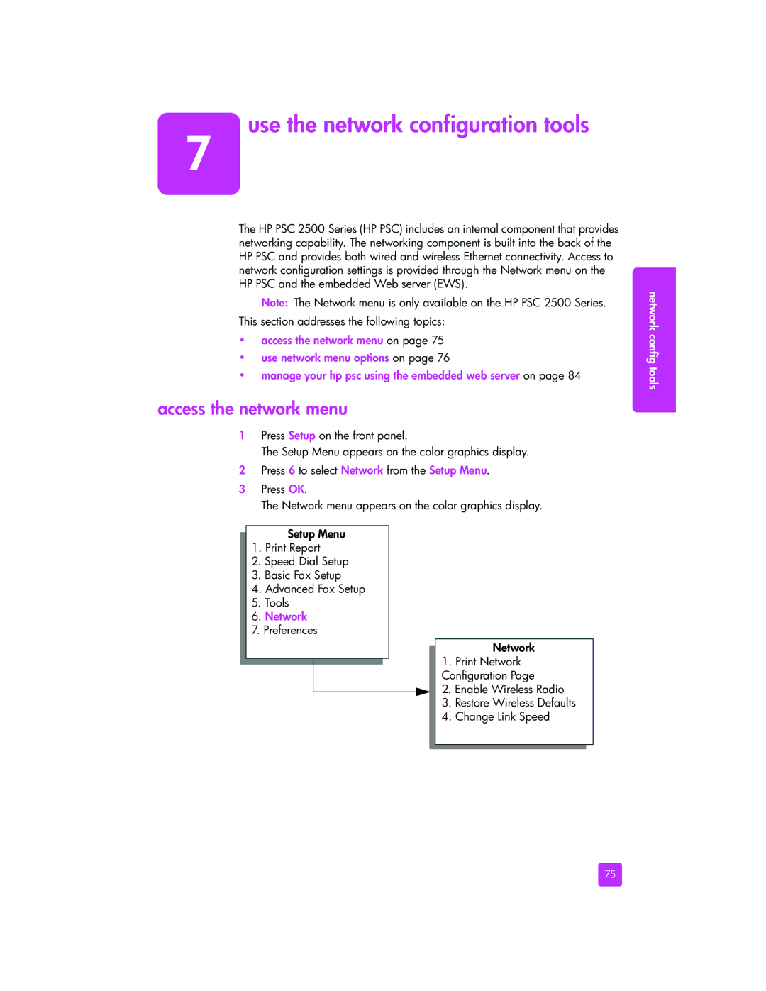 HP 2510xi manual Use the network configuration tools, Access the network menu, Network 