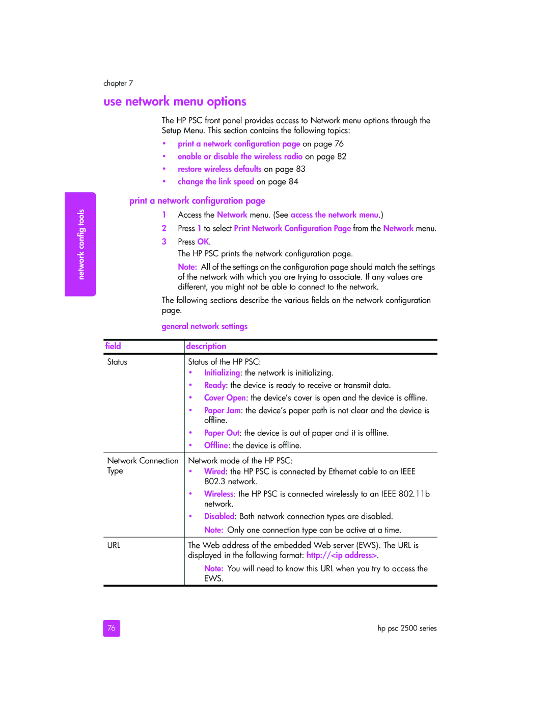 HP 2510xi manual Use network menu options, Print a network configuration, Field Description, General network settings 