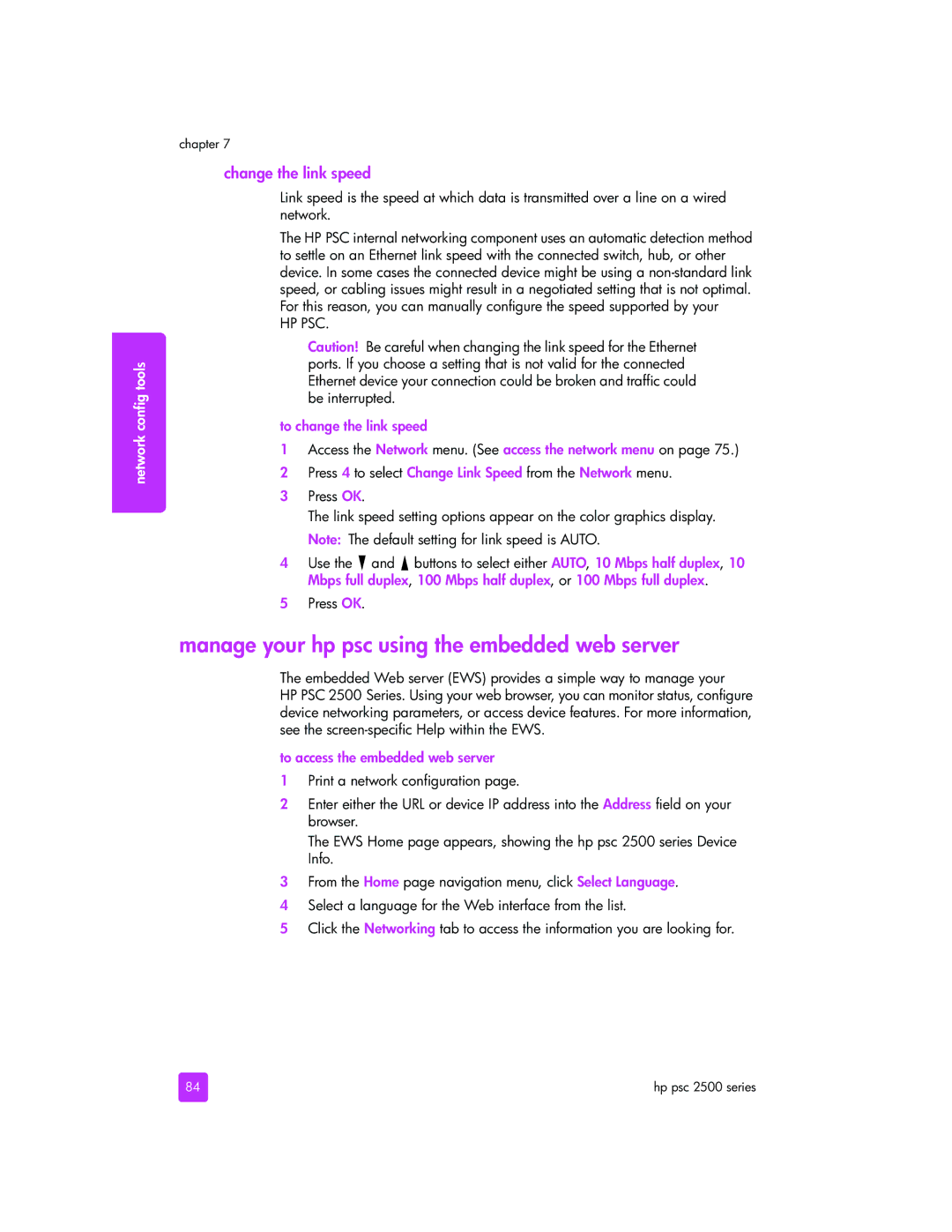 HP 2510xi manual Manage your hp psc using the embedded web server, Change the link speed, To change the link speed 