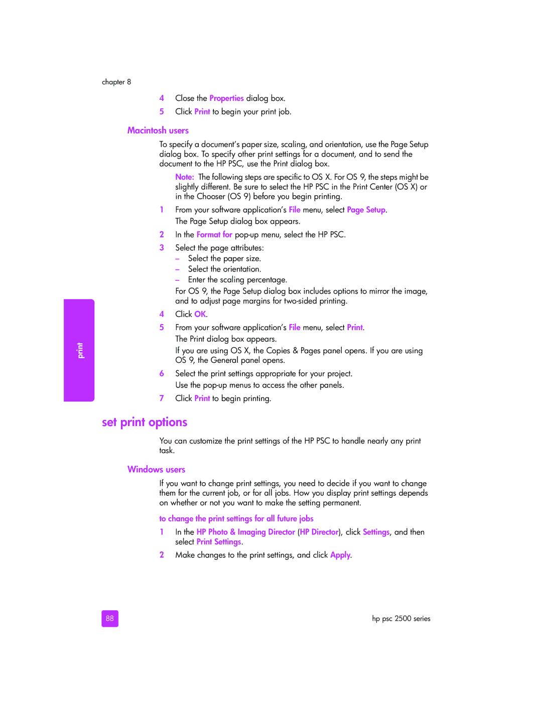 HP 2510xi manual Set print options, Macintosh users, Click Print to begin printing 