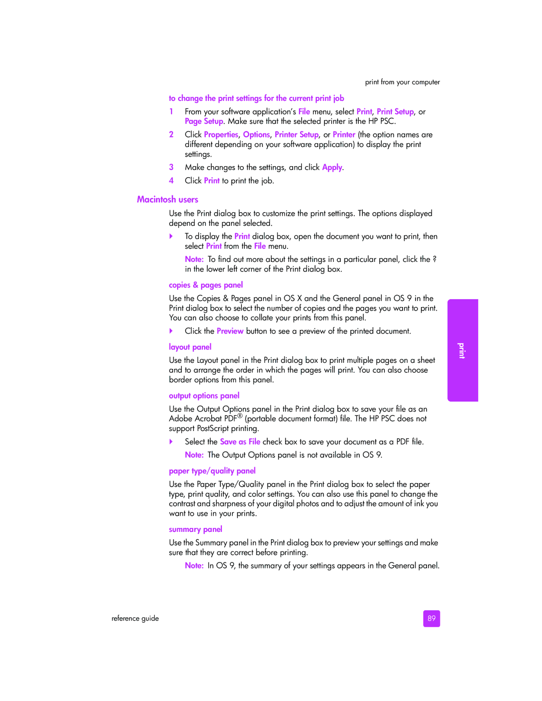 HP 2510xi manual To change the print settings for the current print job, Copies & pages panel, Layout panel, Summary panel 