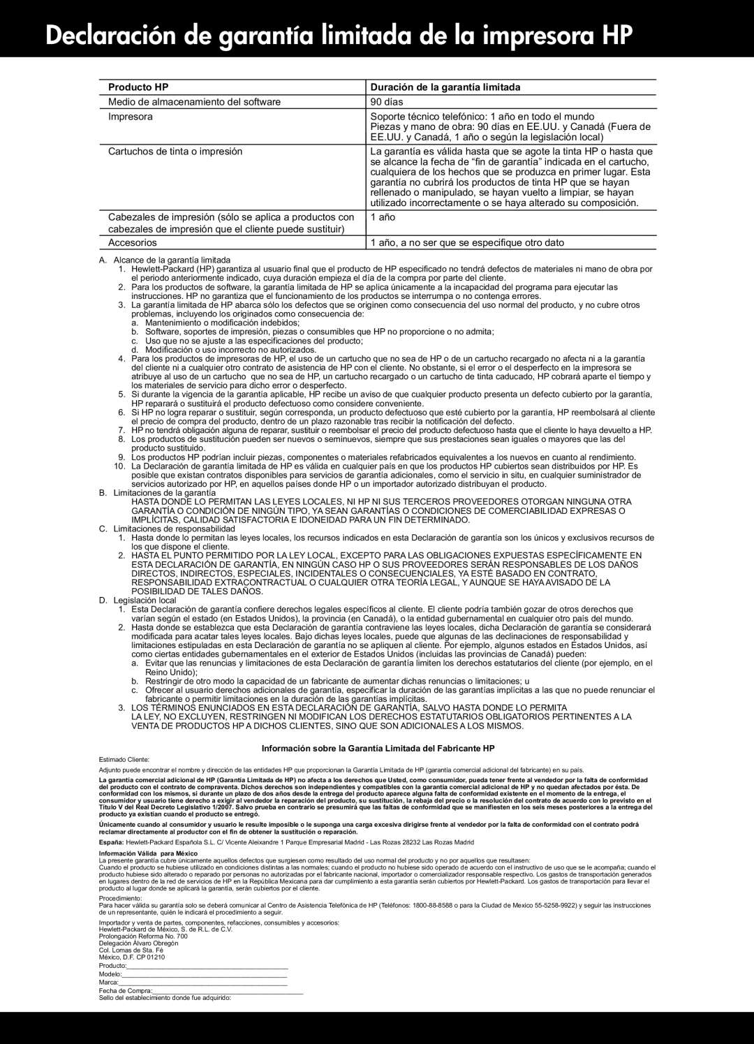 HP 2514, 2510 manual Declaración de garantía limitada de la impresora HP, Producto HP Duración de la garantía limitada 