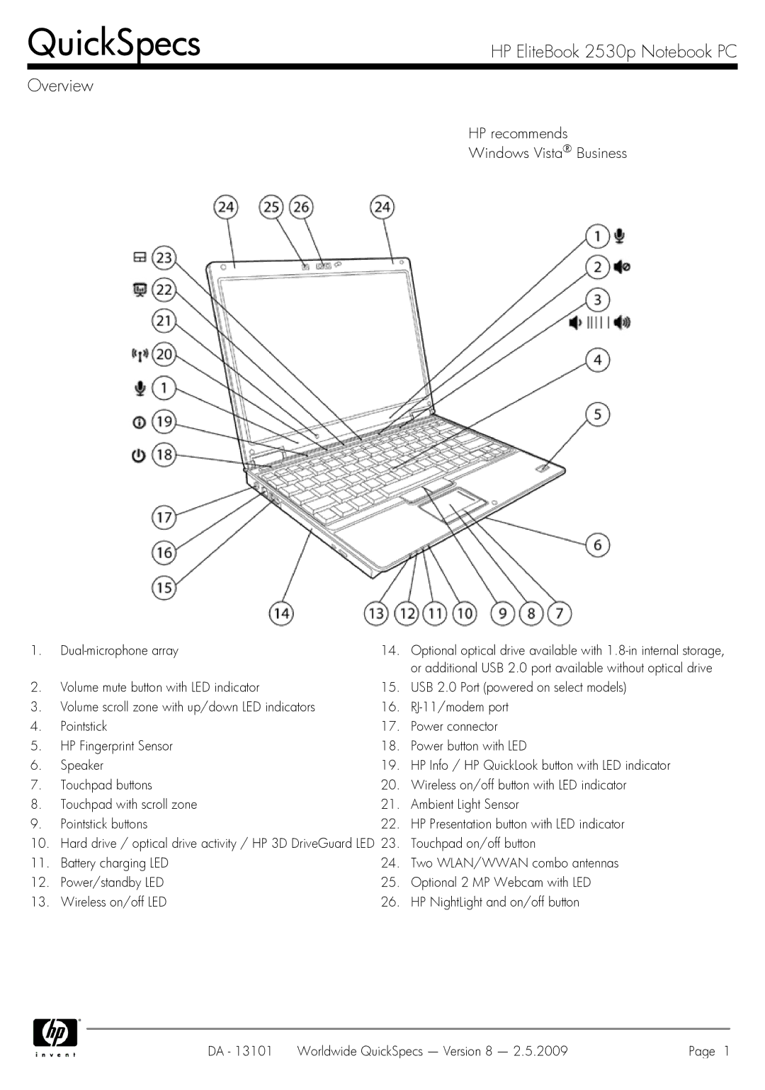 HP manual HP EliteBook 2530p Notebook PC Overview, Dual-microphone array 