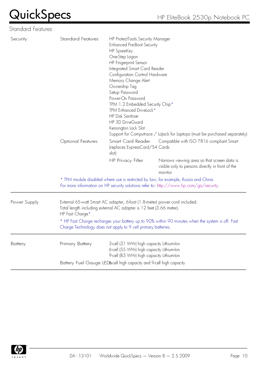 HP 2530p manual Security Standard Features HP ProtectTools Security Manager 