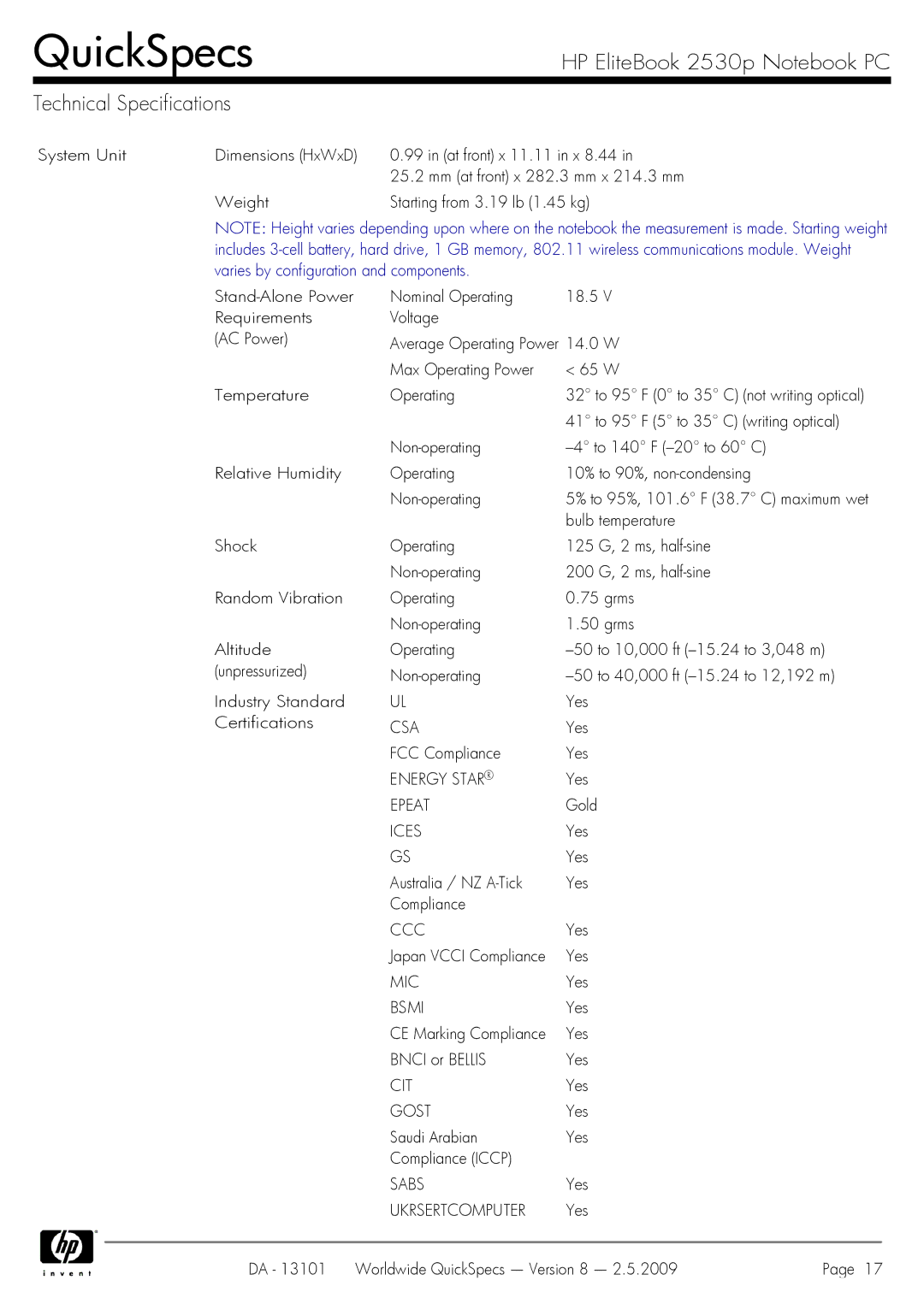 HP manual HP EliteBook 2530p Notebook PC Technical Specifications 