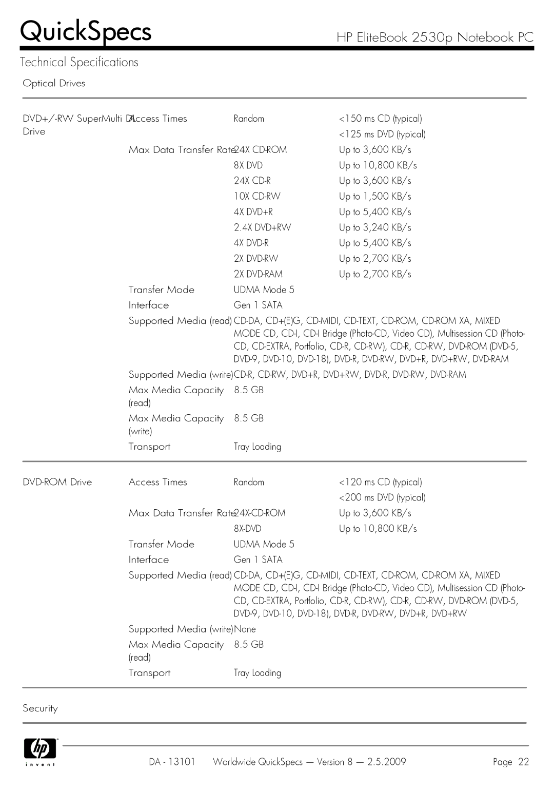 HP 2530p manual Dvd+R, 4X DVD+RW, 4X DVD-R, Dvd-Rw, Dvd-Ram, 8X-DVD 