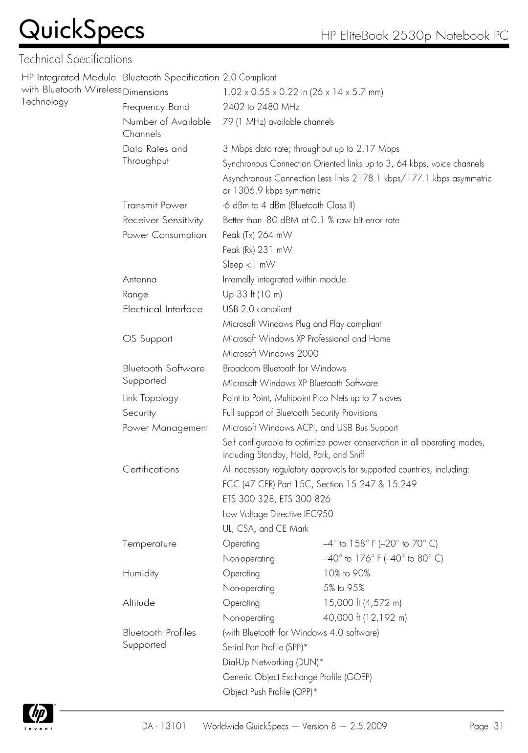 HP 2530p manual Including Standby, Hold, Park, and Sniff 